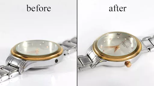 Before and after of a watch polished from dull to shiny